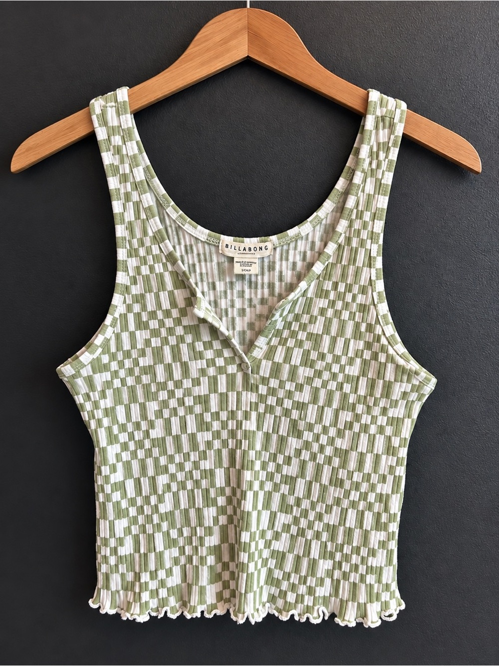 Billabong Green Checkered Ribbed Tank Top Y2K Preppy Layering Top